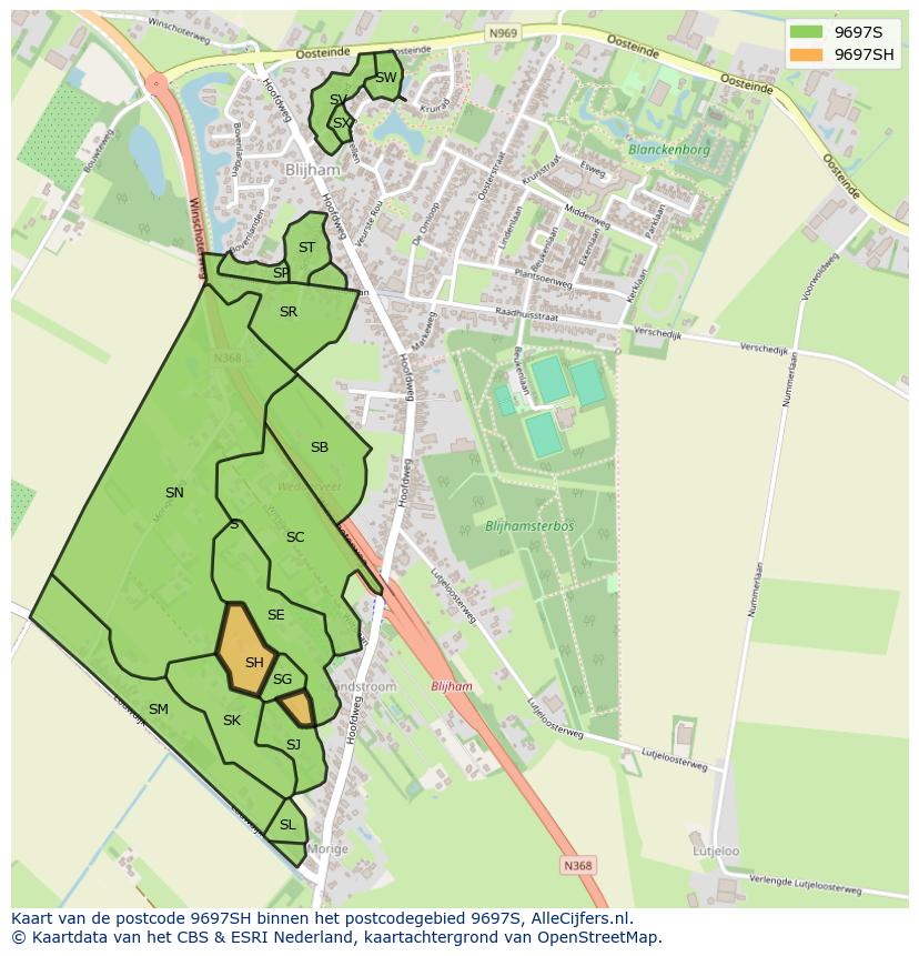 Afbeelding van het postcodegebied 9697 SH op de kaart.