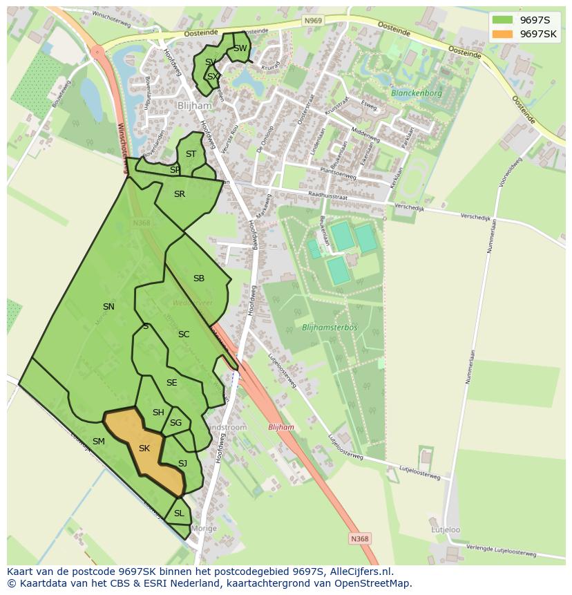 Afbeelding van het postcodegebied 9697 SK op de kaart.