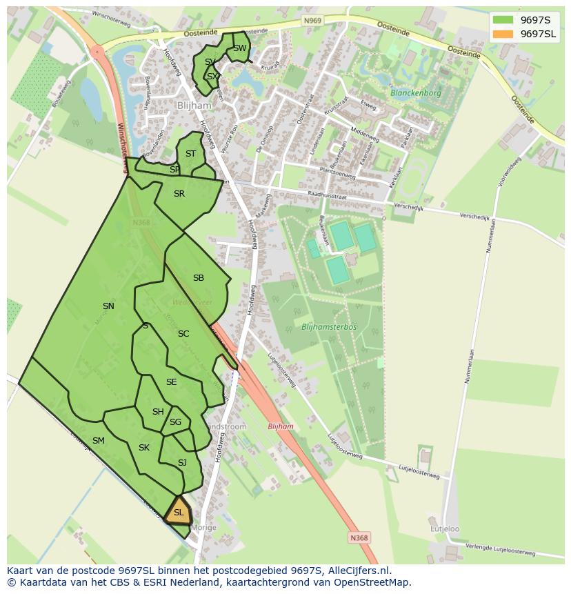 Afbeelding van het postcodegebied 9697 SL op de kaart.