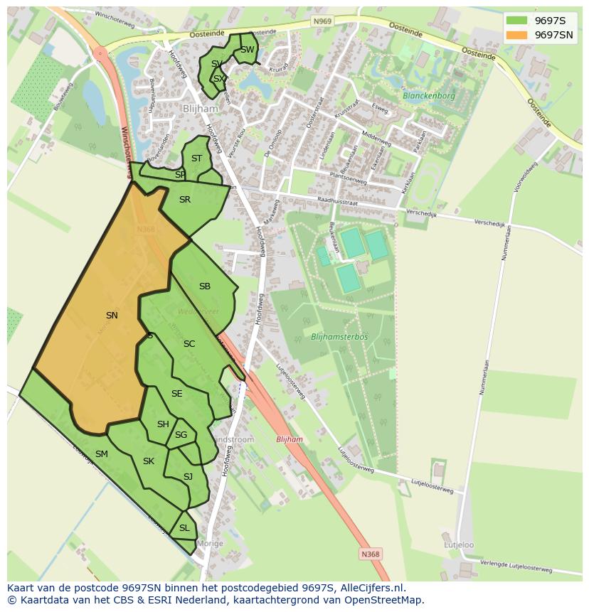Afbeelding van het postcodegebied 9697 SN op de kaart.