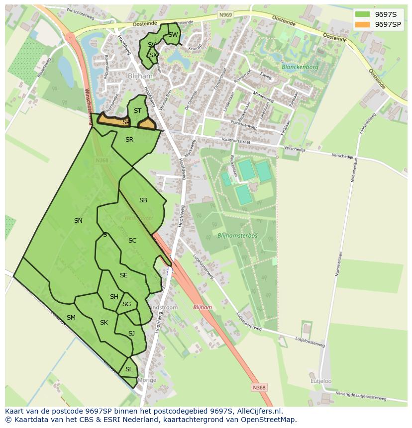 Afbeelding van het postcodegebied 9697 SP op de kaart.