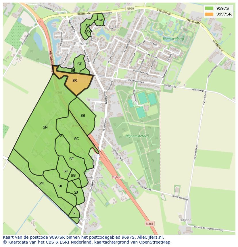 Afbeelding van het postcodegebied 9697 SR op de kaart.