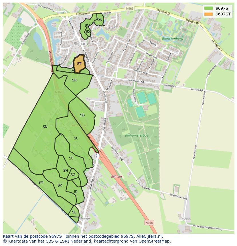 Afbeelding van het postcodegebied 9697 ST op de kaart.