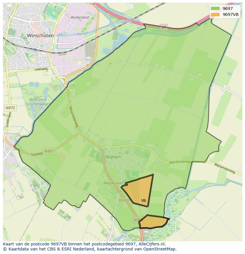 Afbeelding van het postcodegebied 9697 VB op de kaart.