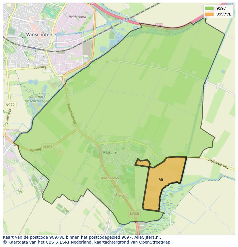 Afbeelding van het postcodegebied 9697 VE op de kaart.