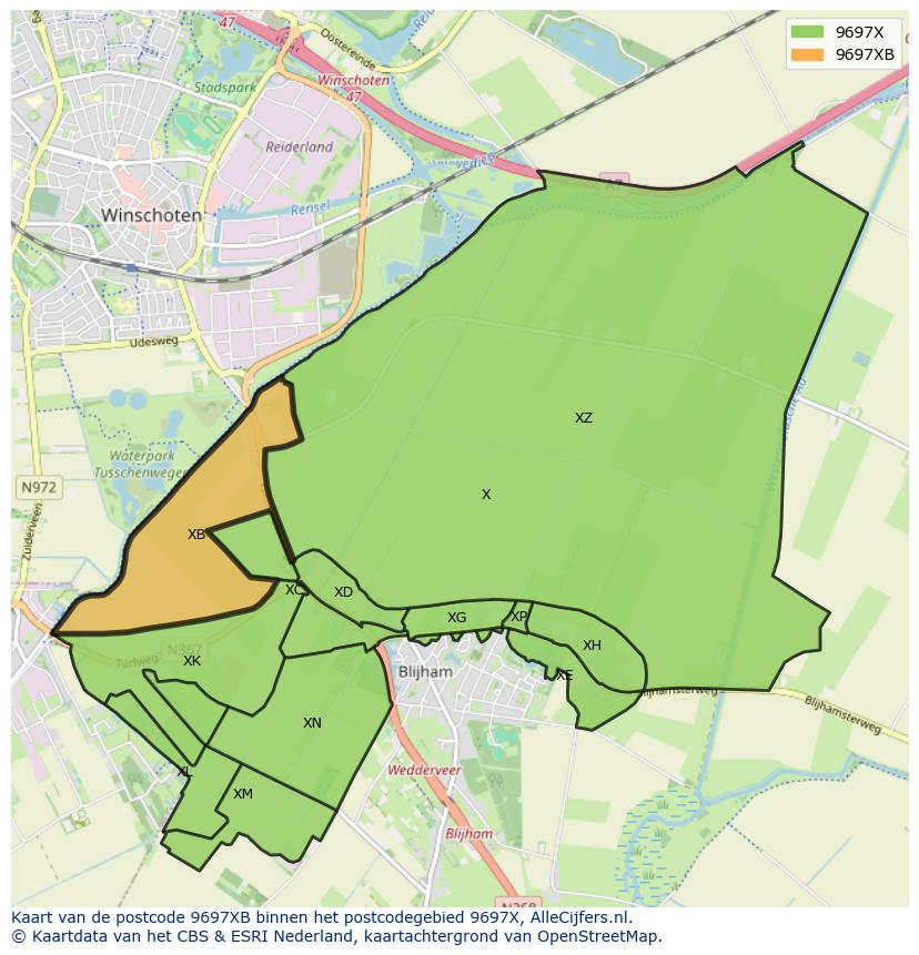 Afbeelding van het postcodegebied 9697 XB op de kaart.