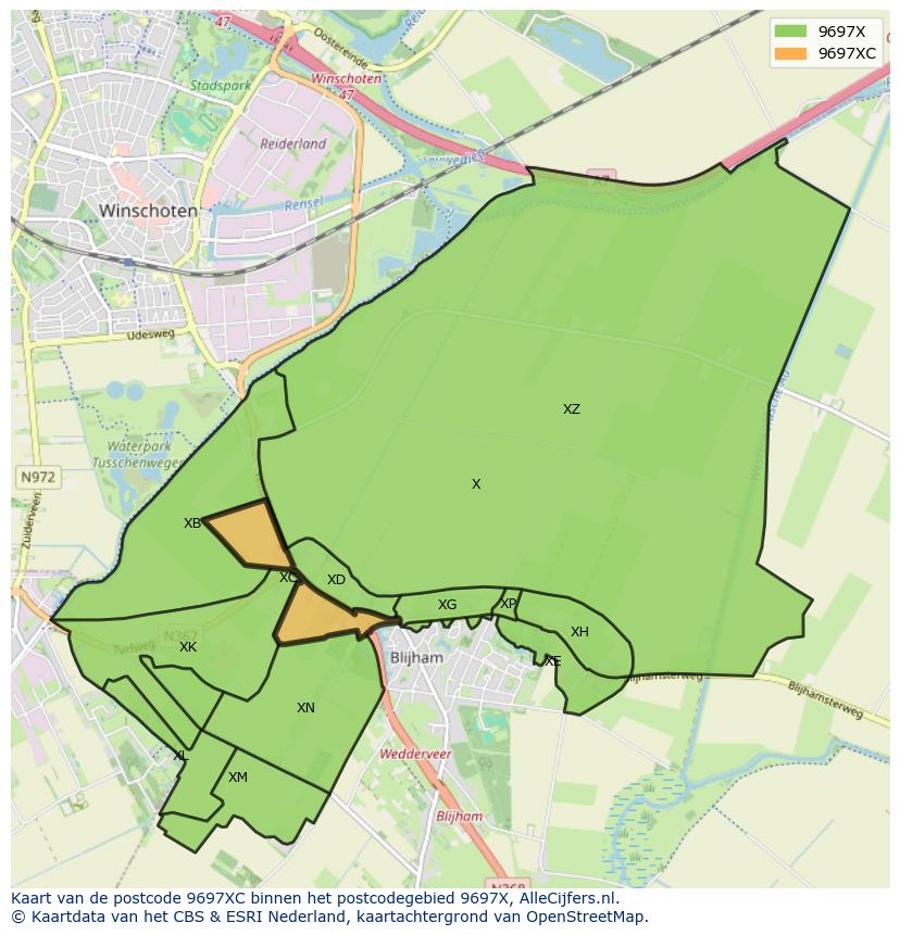 Afbeelding van het postcodegebied 9697 XC op de kaart.