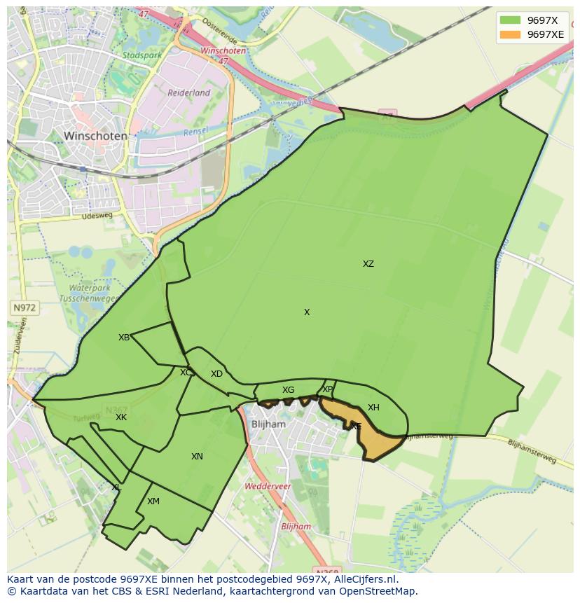 Afbeelding van het postcodegebied 9697 XE op de kaart.
