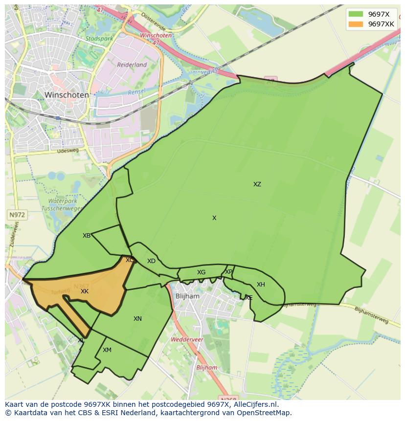 Afbeelding van het postcodegebied 9697 XK op de kaart.