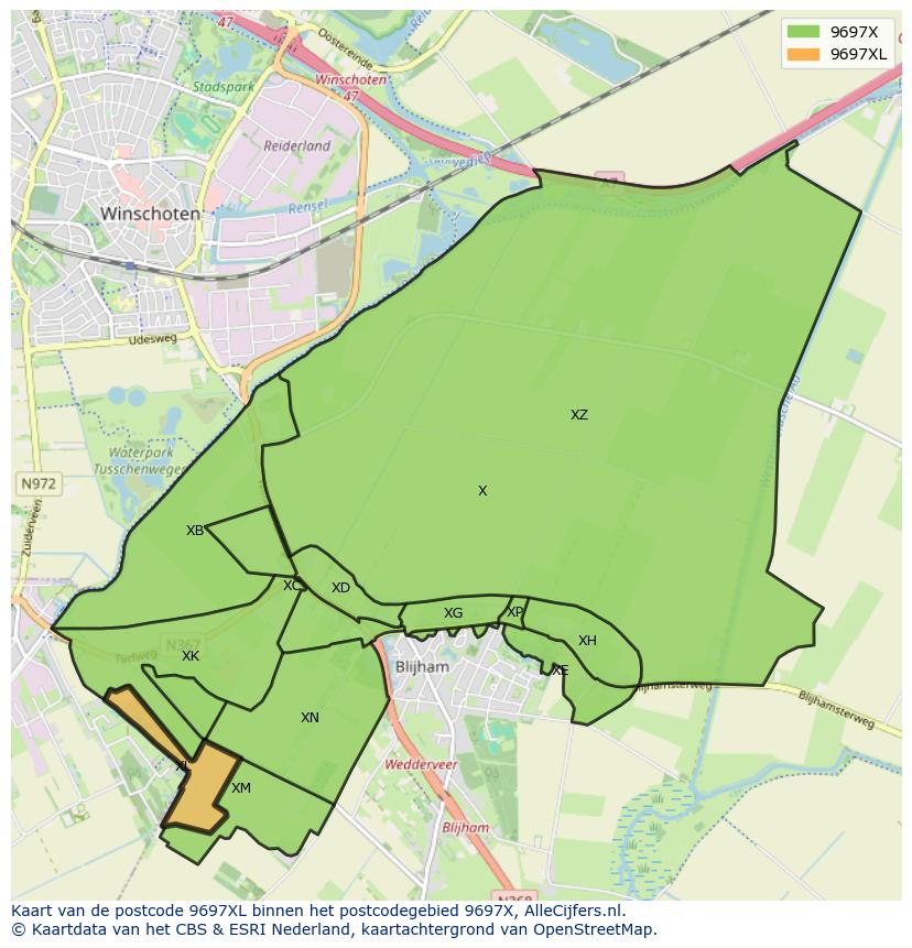 Afbeelding van het postcodegebied 9697 XL op de kaart.