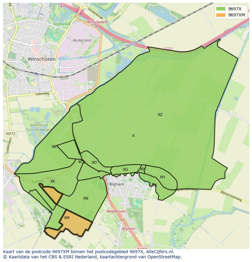 Afbeelding van het postcodegebied 9697 XM op de kaart.