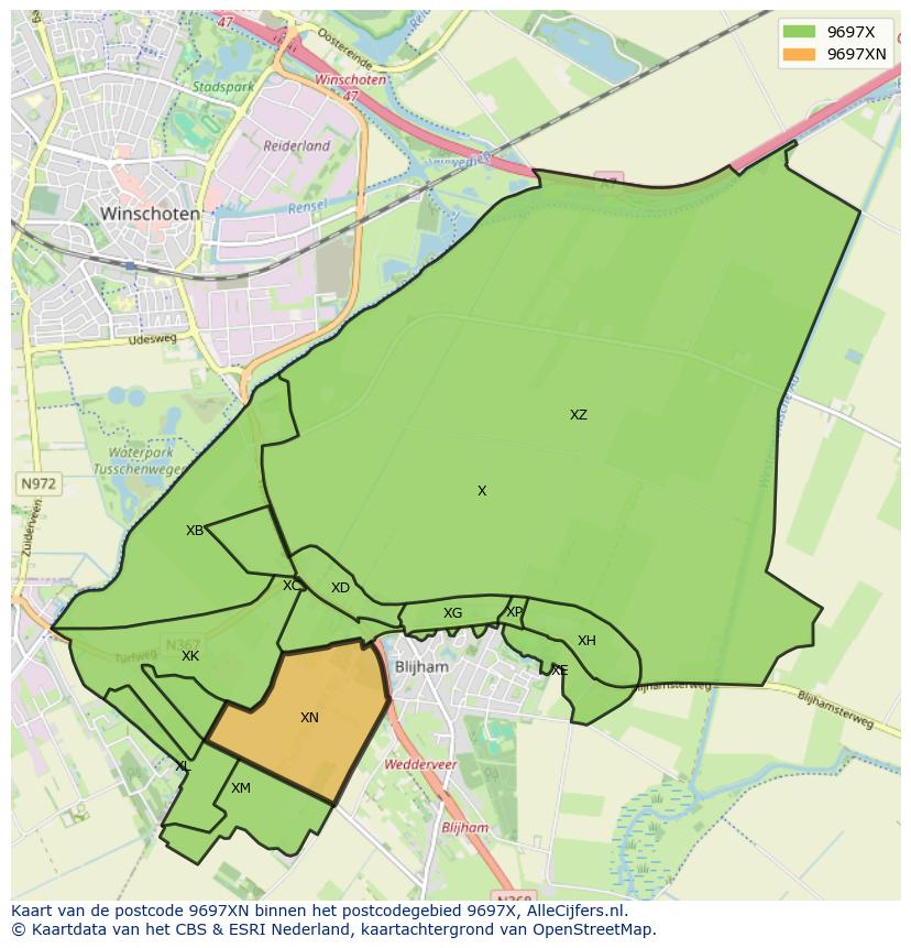Afbeelding van het postcodegebied 9697 XN op de kaart.