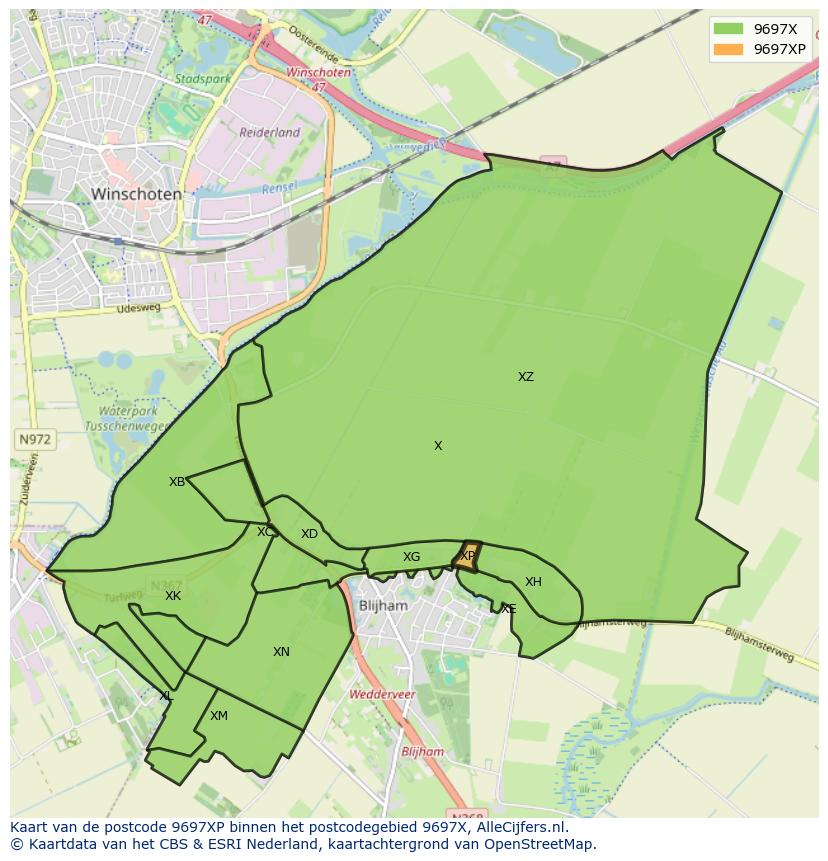 Afbeelding van het postcodegebied 9697 XP op de kaart.