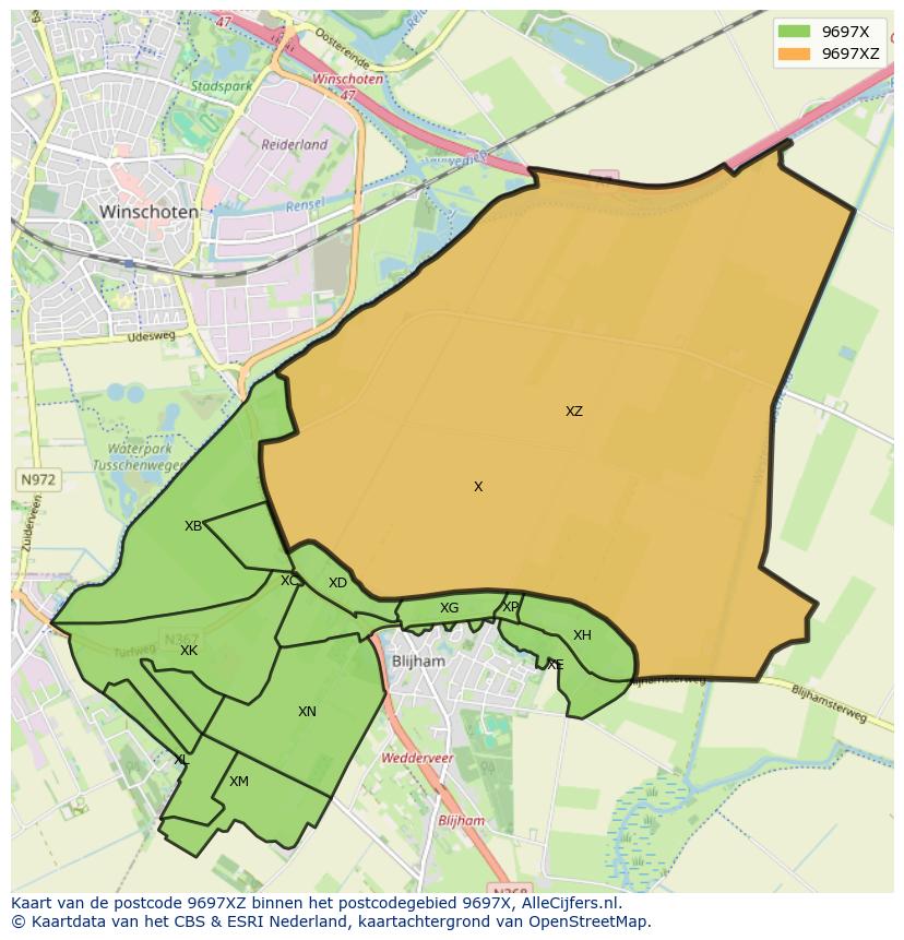 Afbeelding van het postcodegebied 9697 XZ op de kaart.