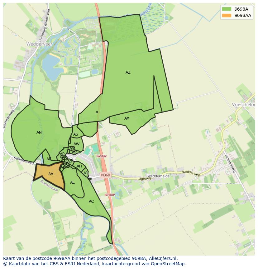 Afbeelding van het postcodegebied 9698 AA op de kaart.