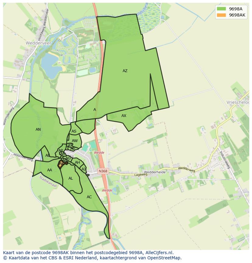 Afbeelding van het postcodegebied 9698 AK op de kaart.