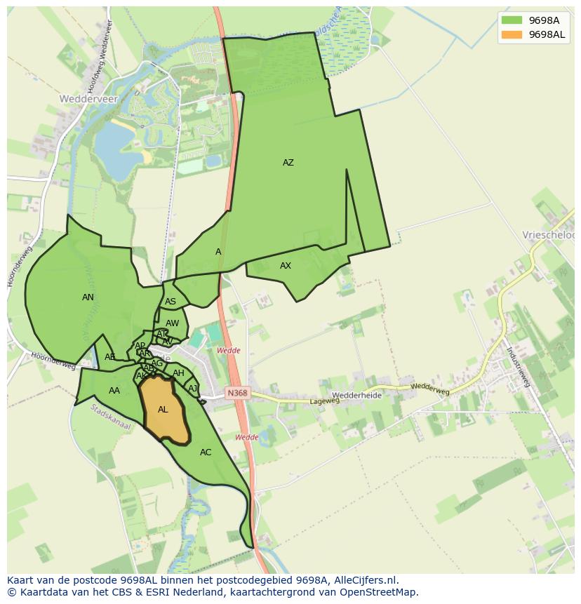 Afbeelding van het postcodegebied 9698 AL op de kaart.