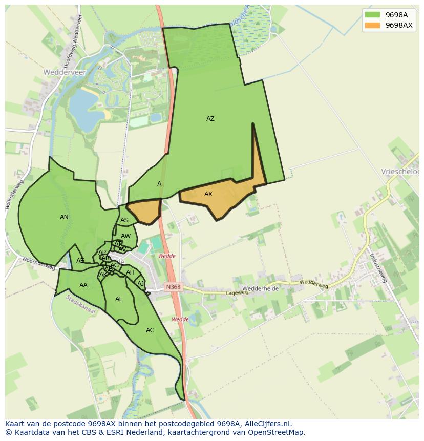 Afbeelding van het postcodegebied 9698 AX op de kaart.