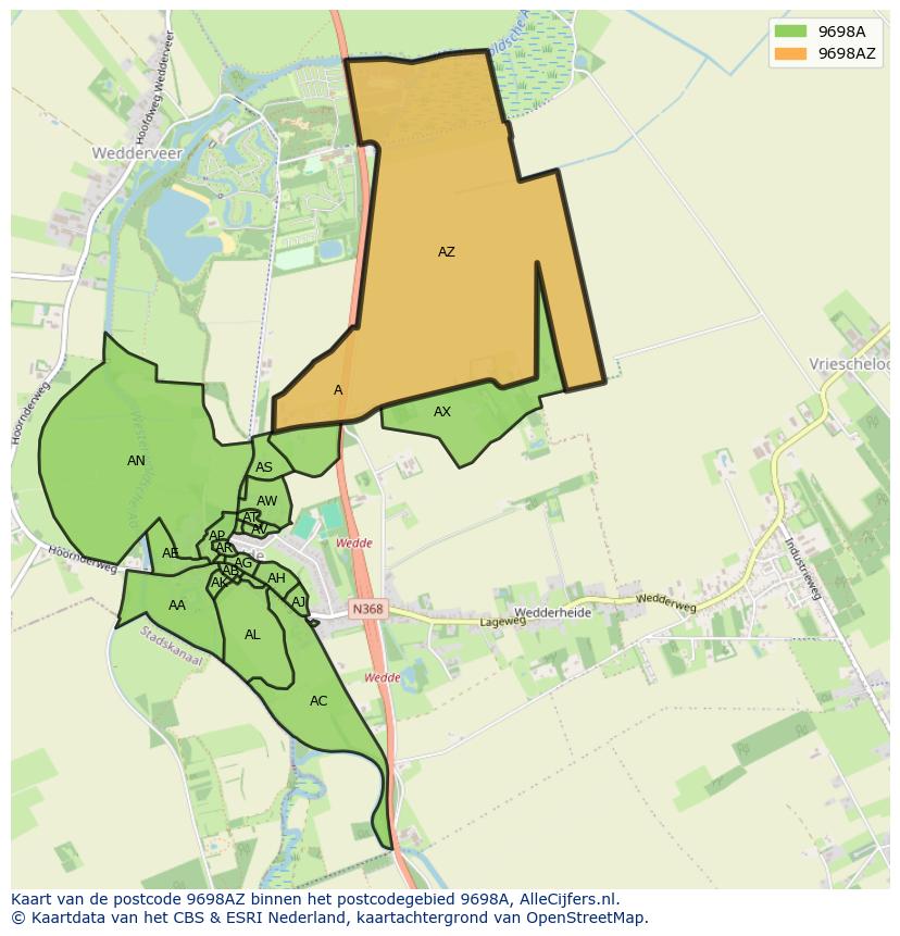Afbeelding van het postcodegebied 9698 AZ op de kaart.