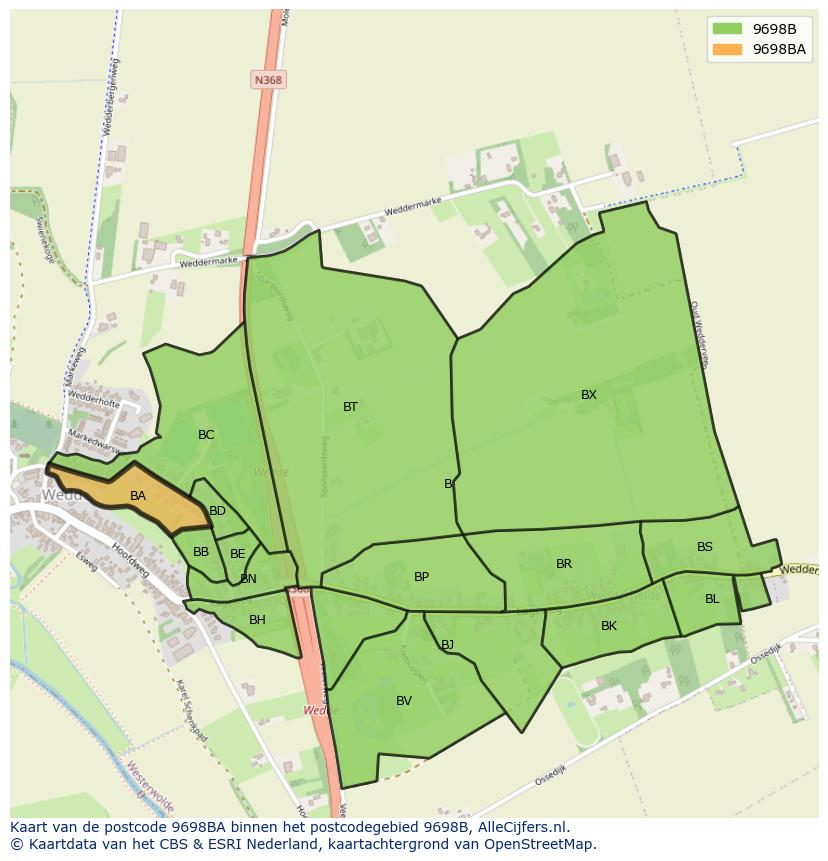 Afbeelding van het postcodegebied 9698 BA op de kaart.