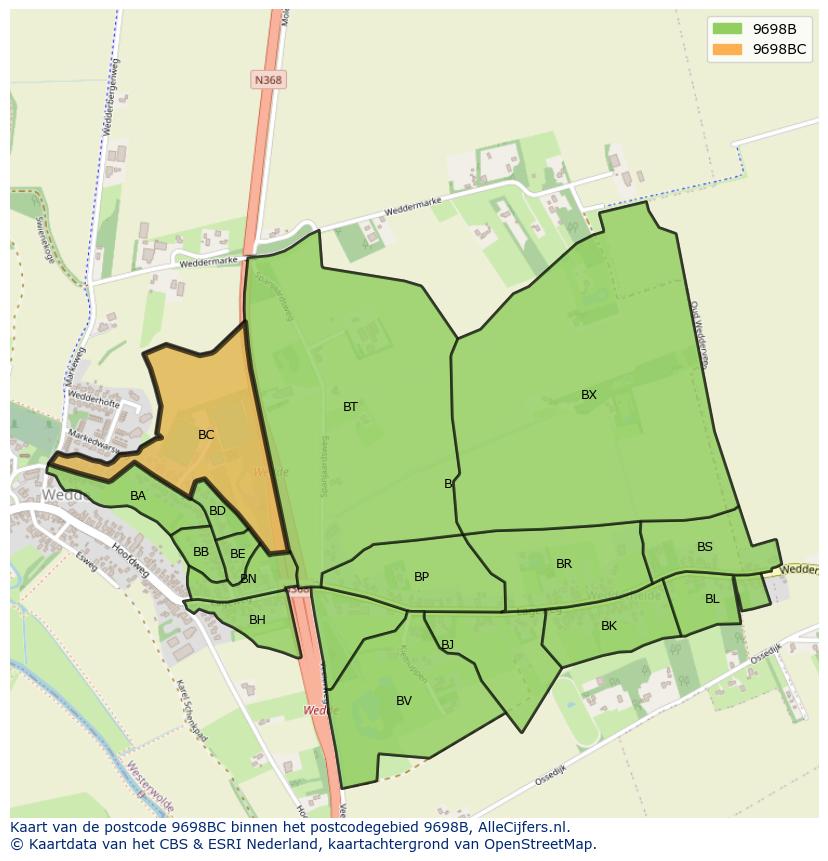 Afbeelding van het postcodegebied 9698 BC op de kaart.