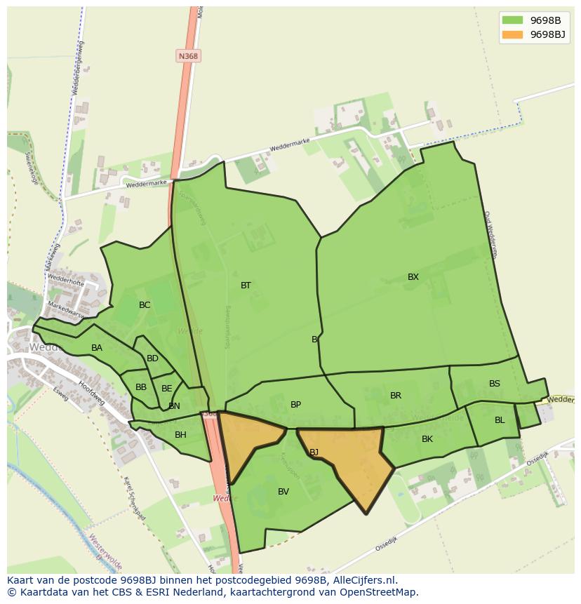 Afbeelding van het postcodegebied 9698 BJ op de kaart.