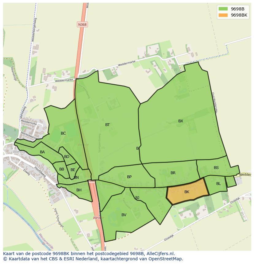 Afbeelding van het postcodegebied 9698 BK op de kaart.