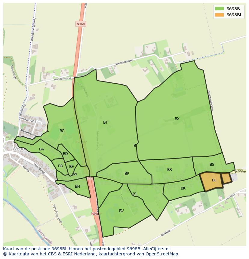 Afbeelding van het postcodegebied 9698 BL op de kaart.