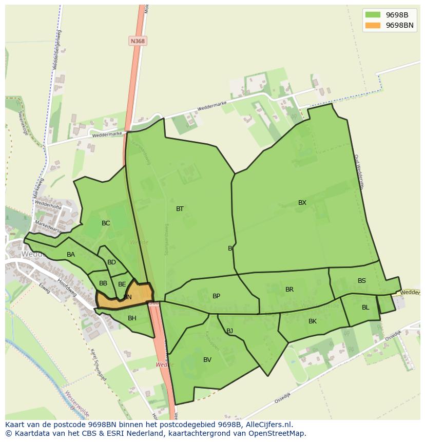 Afbeelding van het postcodegebied 9698 BN op de kaart.