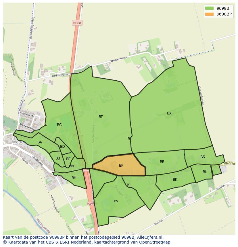 Afbeelding van het postcodegebied 9698 BP op de kaart.