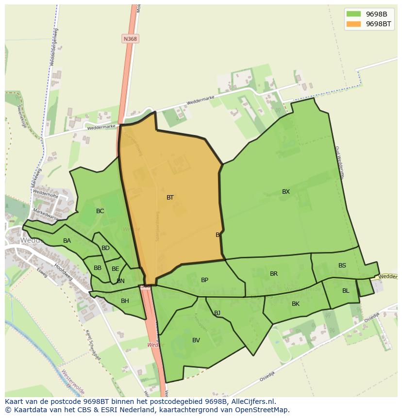 Afbeelding van het postcodegebied 9698 BT op de kaart.