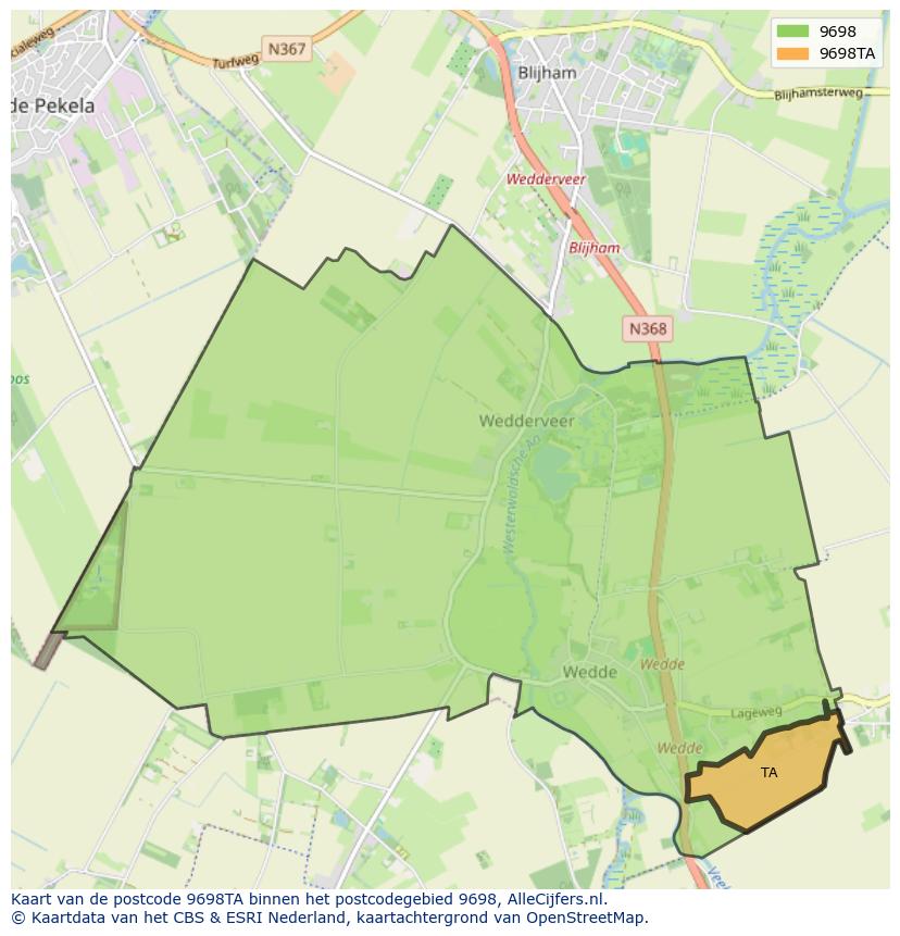 Afbeelding van het postcodegebied 9698 TA op de kaart.
