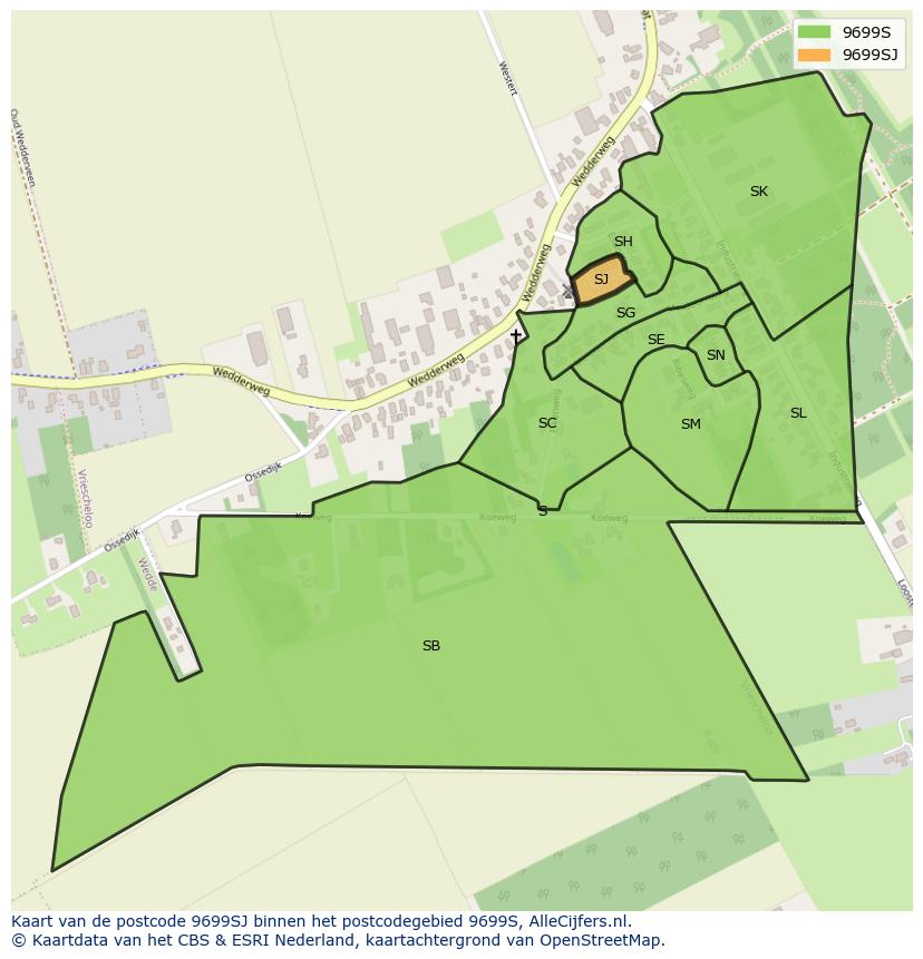 Afbeelding van het postcodegebied 9699 SJ op de kaart.