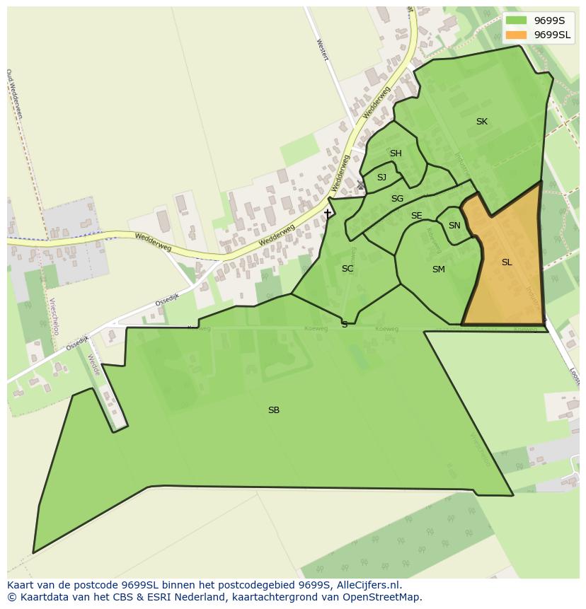 Afbeelding van het postcodegebied 9699 SL op de kaart.