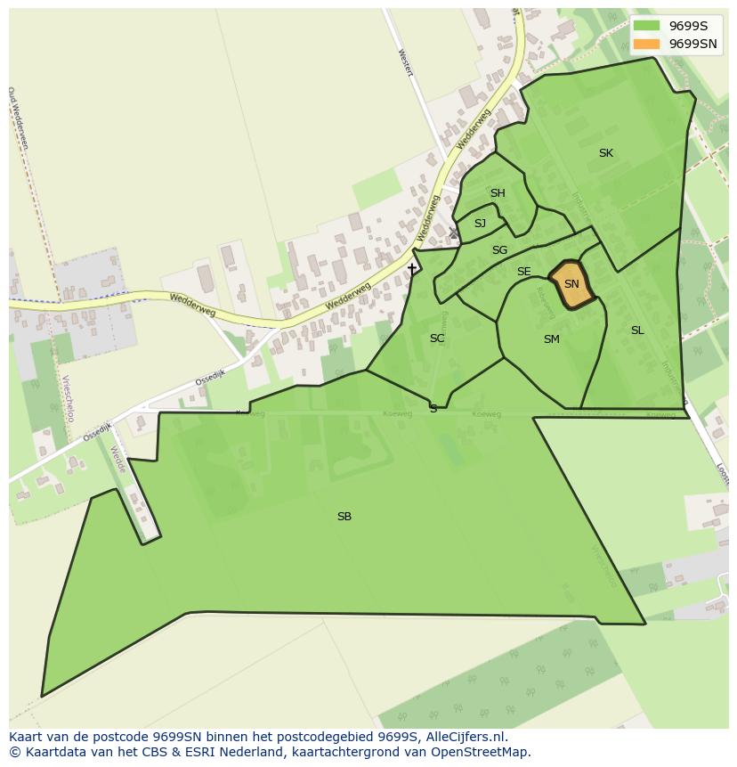 Afbeelding van het postcodegebied 9699 SN op de kaart.