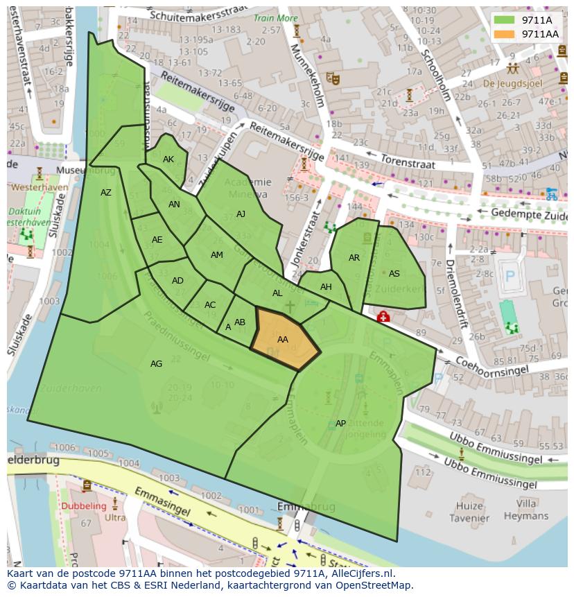 Afbeelding van het postcodegebied 9711 AA op de kaart.