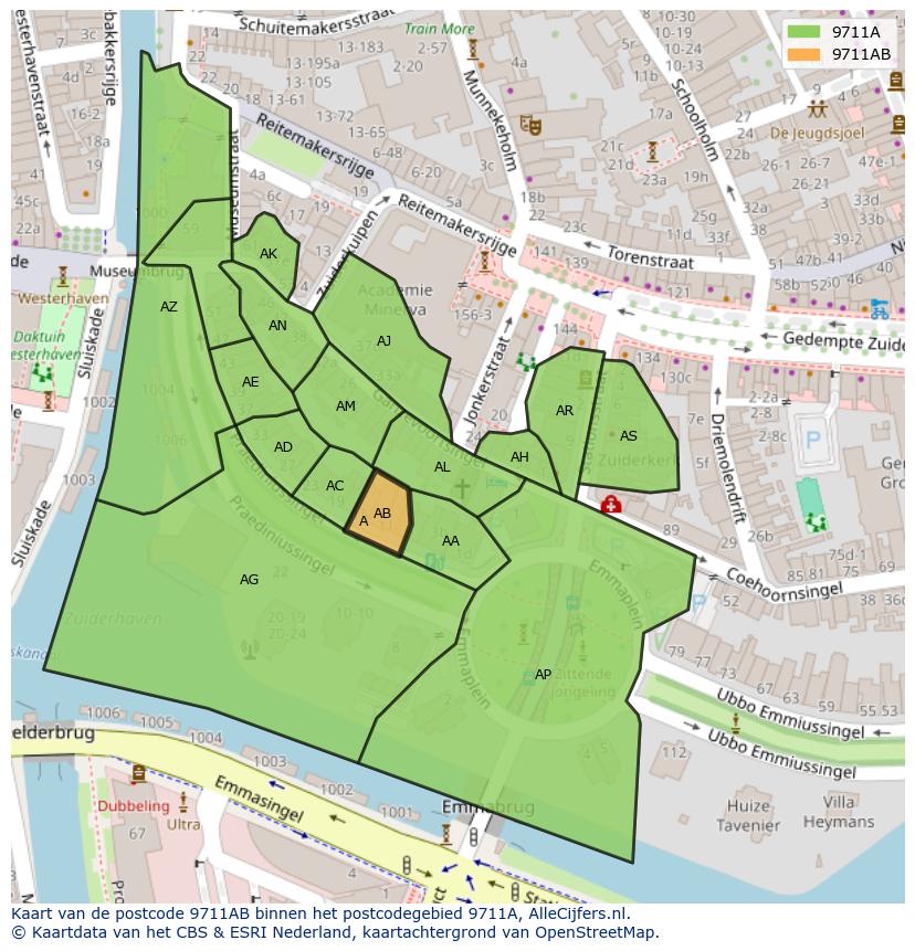 Afbeelding van het postcodegebied 9711 AB op de kaart.
