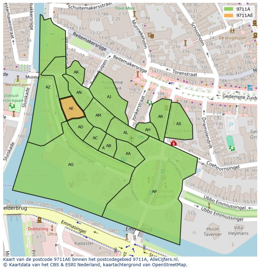 Afbeelding van het postcodegebied 9711 AE op de kaart.