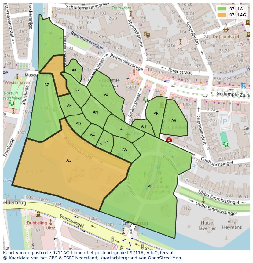 Afbeelding van het postcodegebied 9711 AG op de kaart.