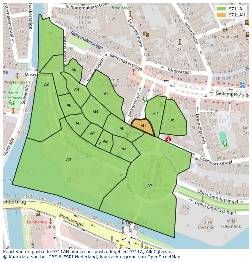 Afbeelding van het postcodegebied 9711 AH op de kaart.