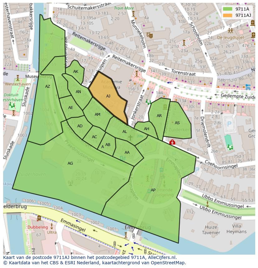 Afbeelding van het postcodegebied 9711 AJ op de kaart.