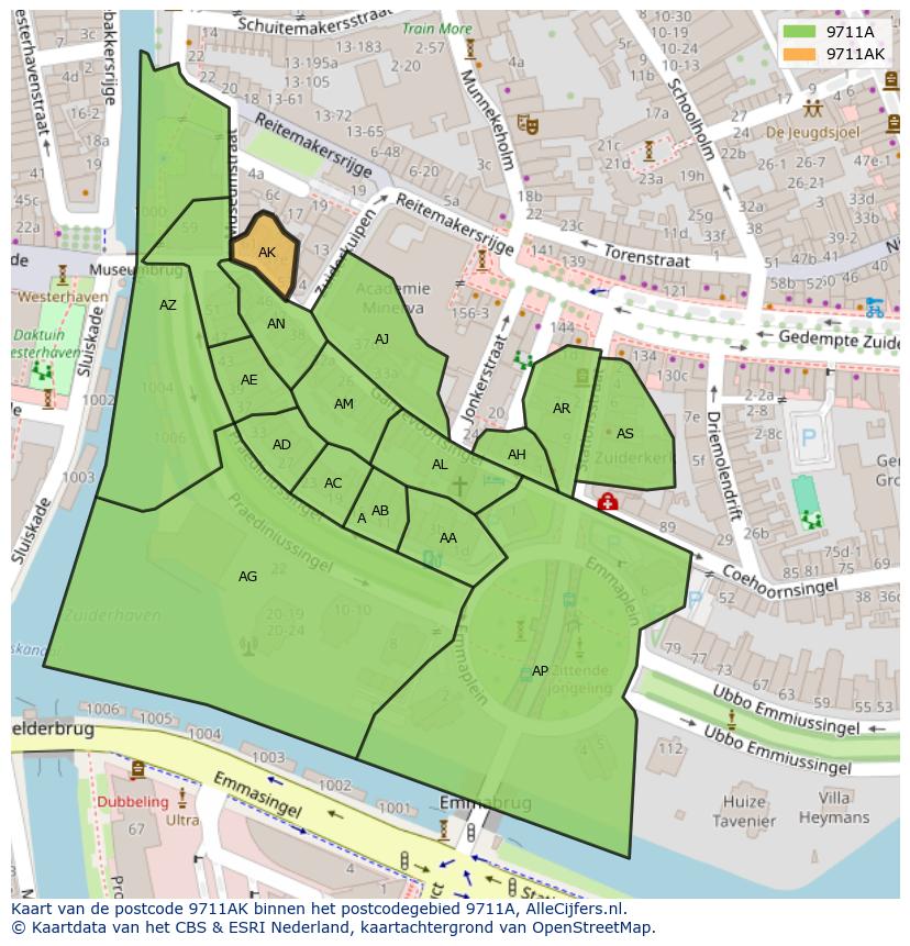 Afbeelding van het postcodegebied 9711 AK op de kaart.