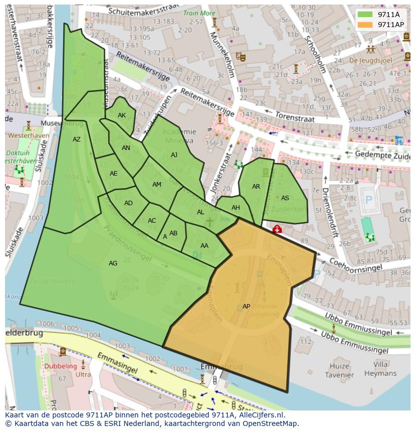 Afbeelding van het postcodegebied 9711 AP op de kaart.