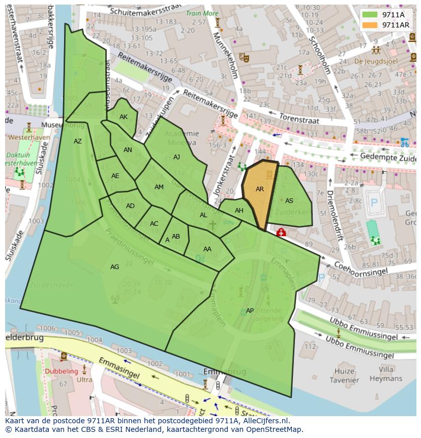 Afbeelding van het postcodegebied 9711 AR op de kaart.