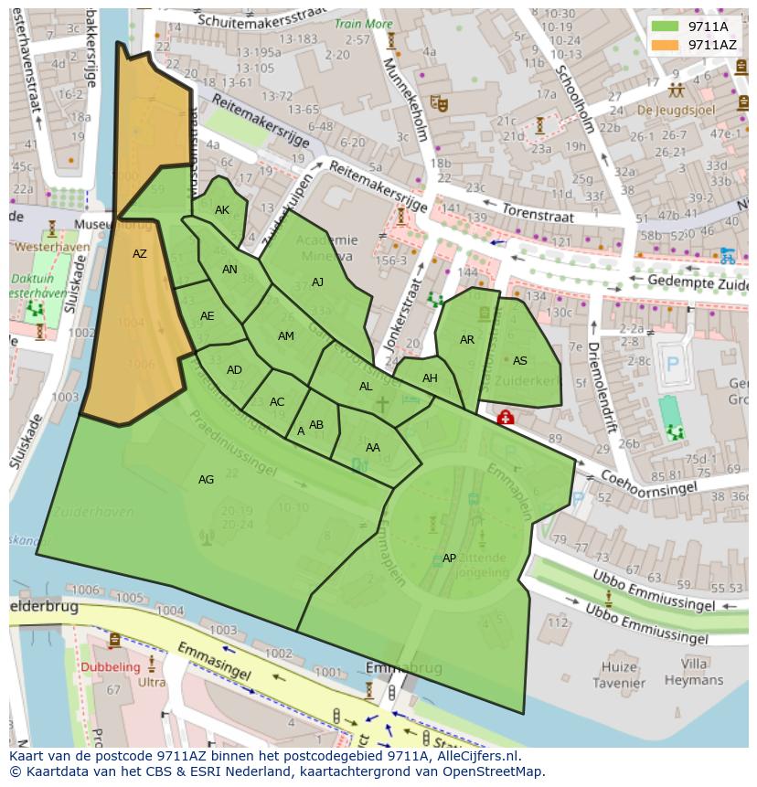 Afbeelding van het postcodegebied 9711 AZ op de kaart.
