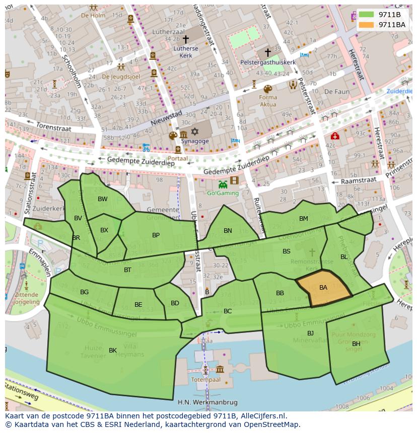 Afbeelding van het postcodegebied 9711 BA op de kaart.