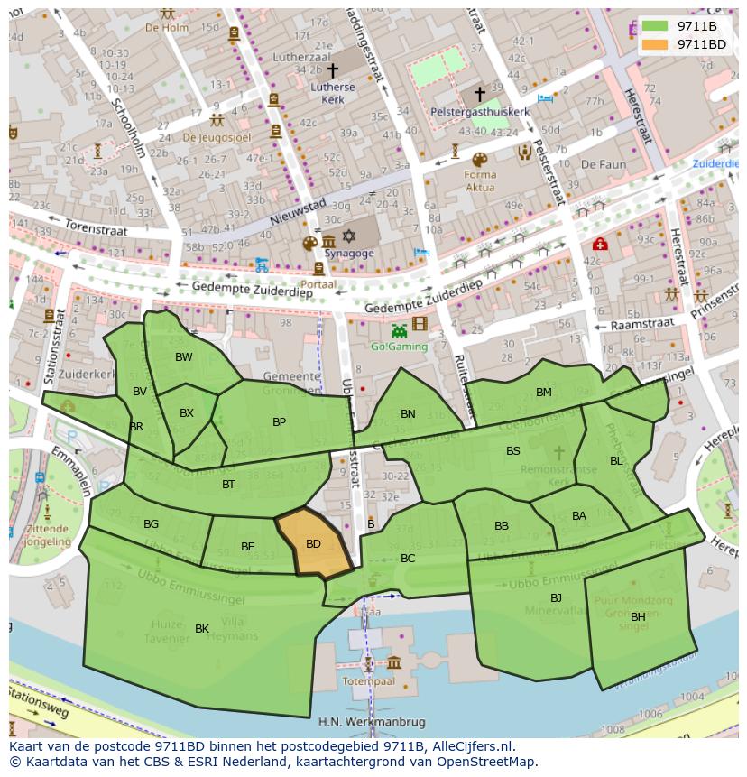 Afbeelding van het postcodegebied 9711 BD op de kaart.
