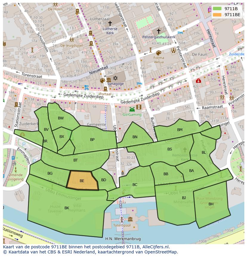 Afbeelding van het postcodegebied 9711 BE op de kaart.