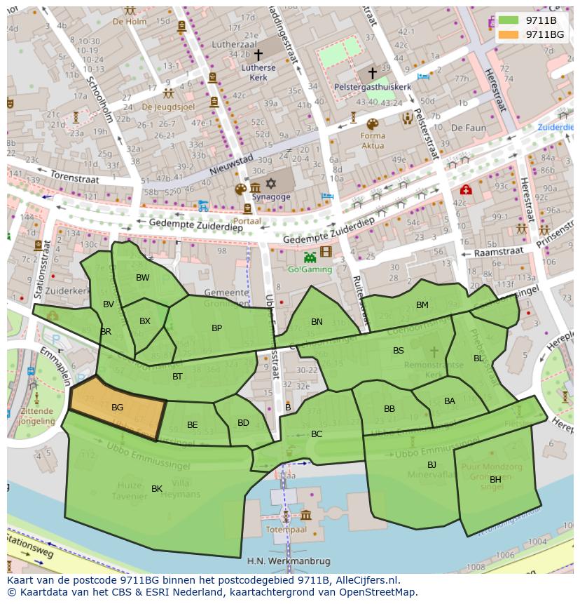 Afbeelding van het postcodegebied 9711 BG op de kaart.