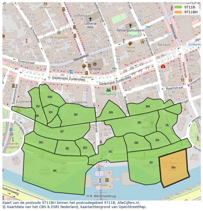 Afbeelding van het postcodegebied 9711 BH op de kaart.